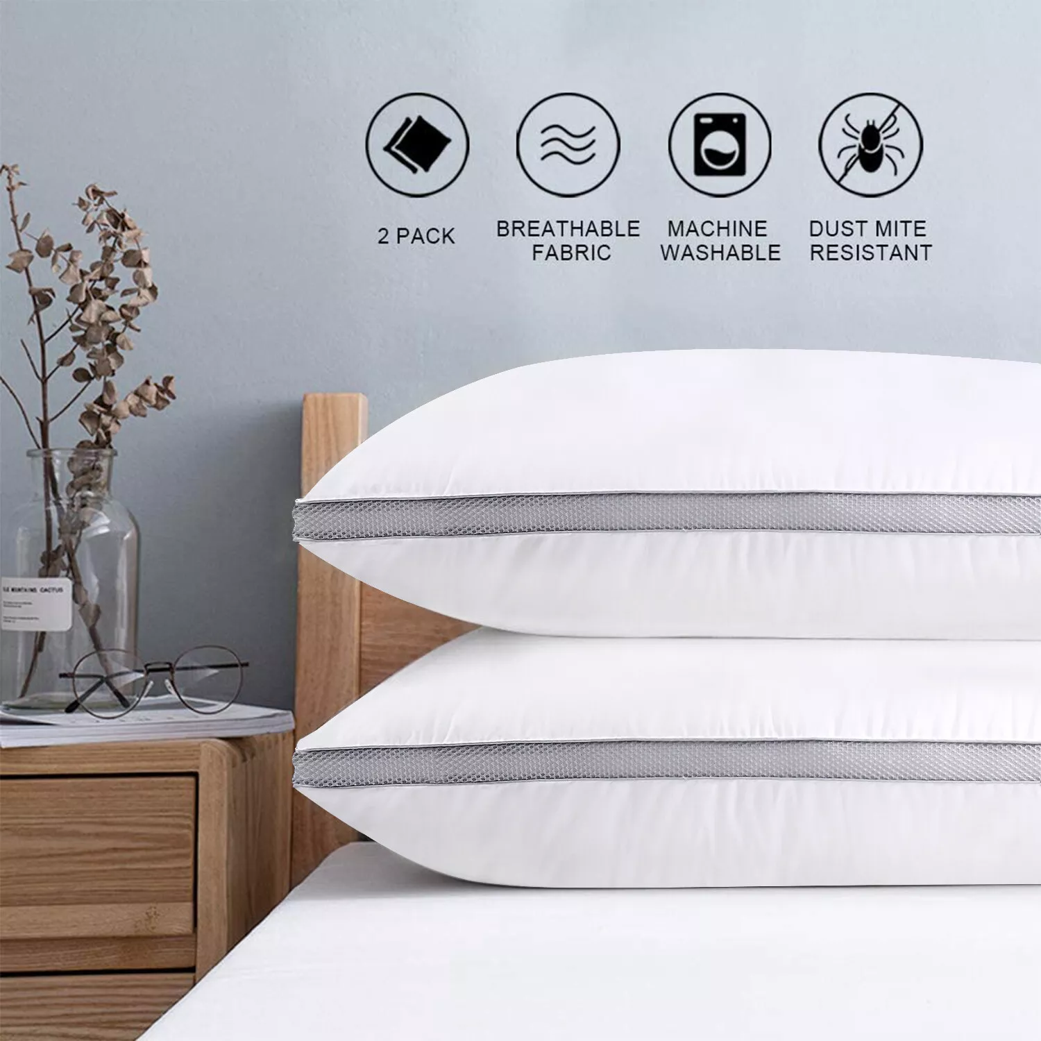 2-Pack 100% Cotton Pillow Set Breathable Hotel Dow